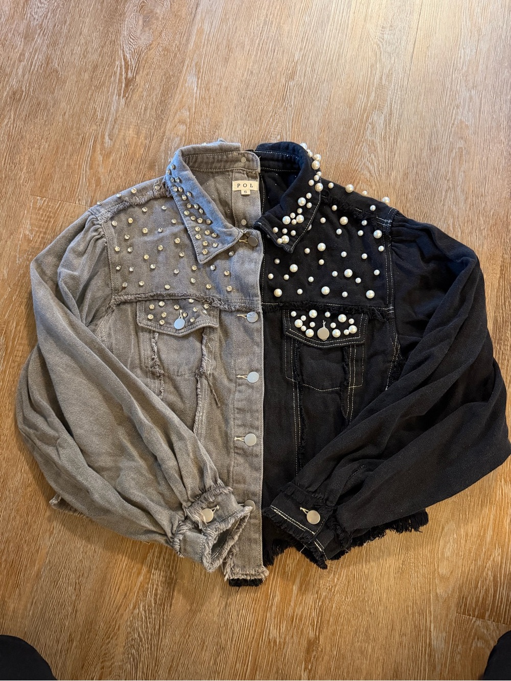 POL Two-Tone Pearl-Studded Jean Jacket in Gray and Black